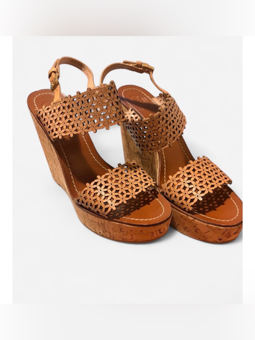 Tory Burch Tan Leather Floral Cork Wedge Sandals 9.5